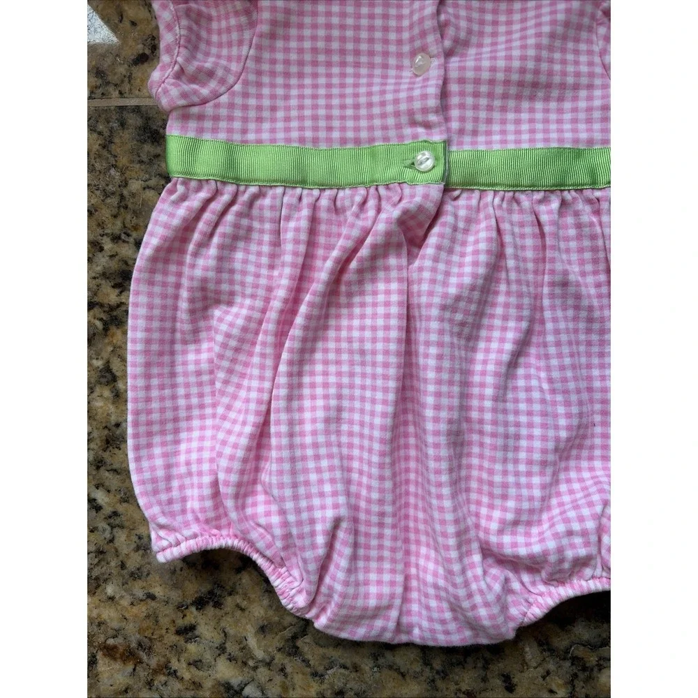 Ralph Lauren Pink White Gingham Check Preppy Bow Bodysuit Romper Baby Girl 3M